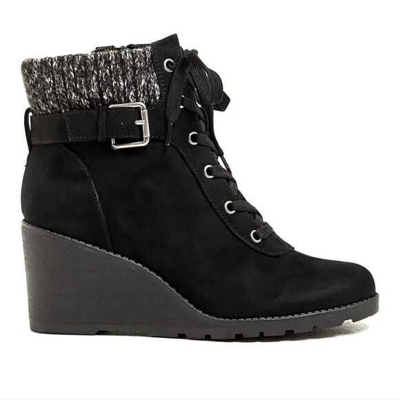 TORRID Women's Wedge Bootie Faux Suede Black Extra Wide Rubber Cushion boot.8W - Picture 2 of 12